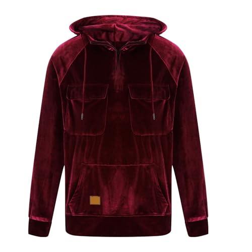Velvet Quarter Zip Tactical Hoodies for Men Vintage Cargo Pullover Outdoor Workout Hooded Sweatshirt with Pockets3