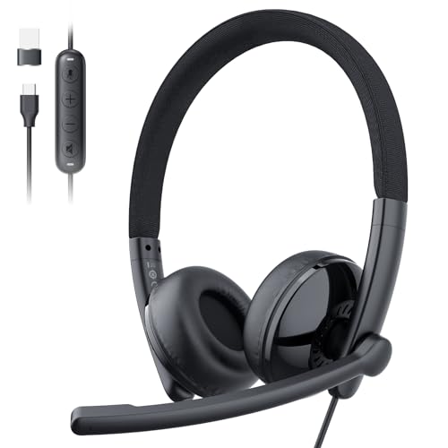 EMEET HS50 Wired Headset with Mic, On-Ear Computer Headphones with Noise Cancelling Microphone, USB-A/USB-C, Adjustable Design, in-line Control for Home Office Online Class Teams Zoom, All D
