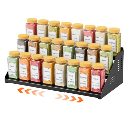 RCHYFEED 3 Tier Spice Rack Organizer for Cabinet,Expands 13.4 to 21.8 Inch | Black, Height Adjustable Metal Spice Rack, Display Shelf Ideal for Cabinet, Countertop and Pantry Spice Organization