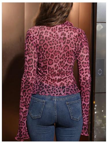 Image of RoseSeek Women's Y2k Leopard Mesh V Neck Tie Front Bell Sleeve T Shirt Tops