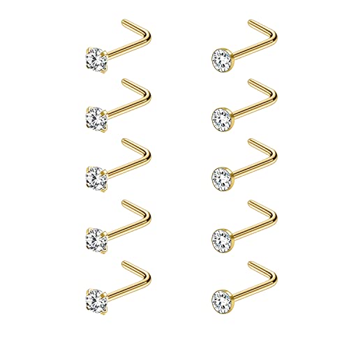 6-10Pcs 18G 20G Nose Ring Surgical Steel Nose Rings Studs Piercing For Women Men 1.5mm 2mm 2.5mm 3mm Round Diamond CZ L Shaped Corkscrew Gold Black Silver Nose Piercing Hypoallergenic