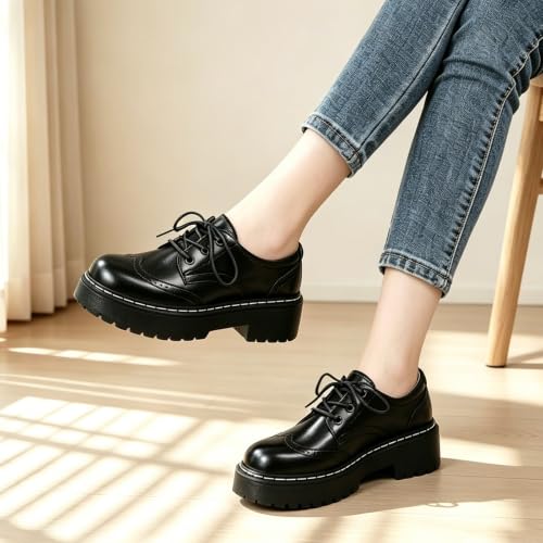 Image of Womens Oxford Shoes Black Leather Platform Oxford Shoes for Women Brogue