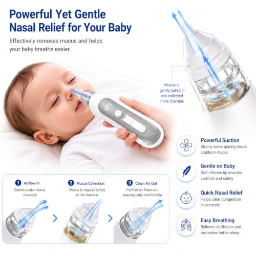 Image of ONESTA Electric Baby Nasal Aspirator | USB Rechargeable Nose Sucker with 3 Adjustable Suction Levels | 3 Soft Silicone Tips | Gentle Nose Cleaner for Newborn, Infant & Toddler