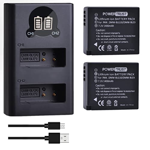 PowerTrust 2 Baterías Recargables y Cargador DMW BLE9 DMW BLG10 para Panasonic Lumix DC GX9 DMC GF6 GF5 GX7 LX100 GF3 GX80 GX85 ZS60 TZ80 TZ95 ZS100 TZ100 DC G100 TZ90 ZS70