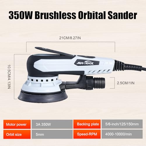 Image of Autolock Electric Random Orbital Sander, 350W Brushless Motor with 5 & 6 Inch Pads, 10000RPM Palm Sander for Woodworking, Sanding and Polishing (1pcs)