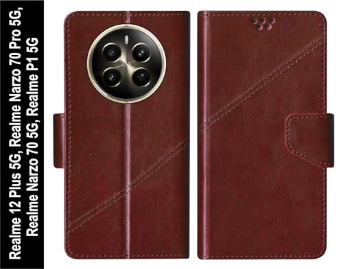 Image of SBMS Flip Cover for Realme Narzo 70 Pro 5G / Realme 12 Plus 5G / Narzo 70 5G / P1 5G Back Cover Case with Magnatic Closure|Inbuilt Stand|Card & Money Pocket (Coffe)
