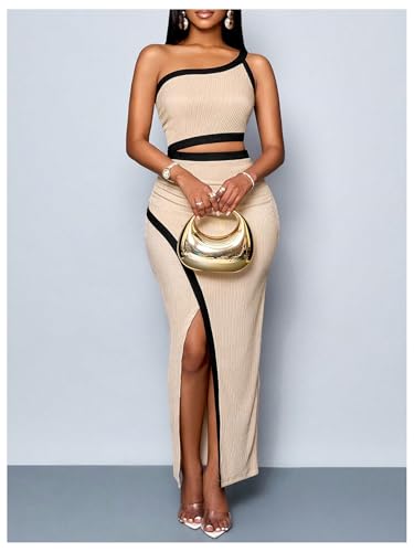 SOLY HUX Women's One Shoulder Cut Out Dress Ruched Split Bodycon Evening Party Long Dresses4