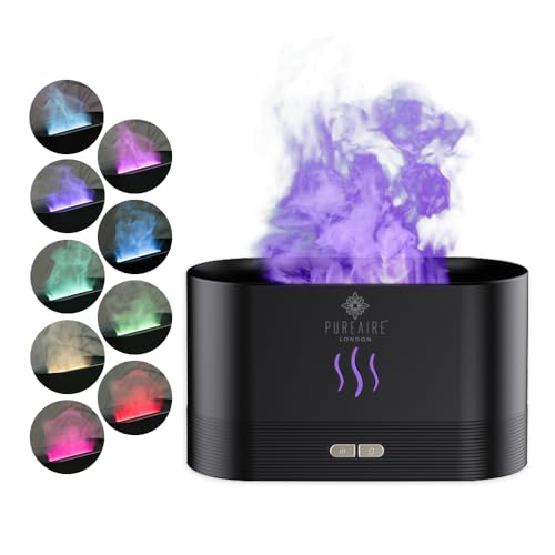 PureAire Oil Diffuser Flame Effect Humidifier for Bedroom Office Aromatherapy Diffuser Aroma Home Fragrance Diffusers for Home Colour Changing LED Ultrasonic USB (Black) Auto Off Nightlight Cool Mist
