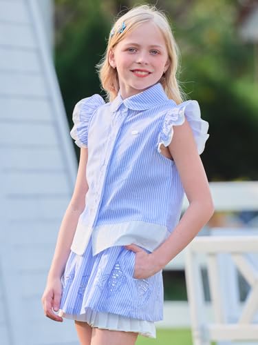 Image of Girls Blue Striped Peter Pan Collar Blouse Ruffle Sleeve Cute Pullover Summer Top for 6-7Y