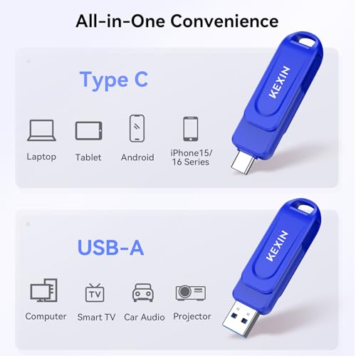 Image of KEXIN Dual 128GB USB 3.0 Flash Drive Pen Drive 110MB /s Swivel USB-A & Type-C Memory Stick for Smartphone Tablet iPhone 15 /16 /17 Car Game Console, Blue