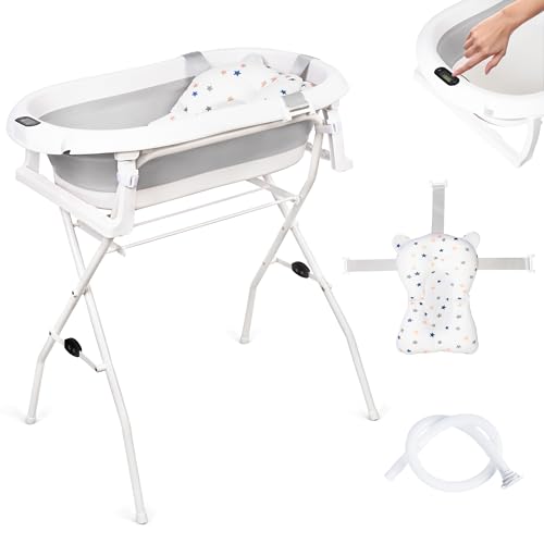 moovkee. Baignoire Bebe avec Support 80cm - Gris Baignoire Pliable Bébé sur Pied avec Thermomètre, Coussin de Bain et Kit De Drainage - Sécurisée et...