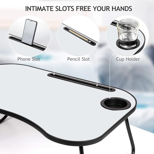 Foldable Laptop Desk with Cup Holder, Gray & White, 26.5 Inch Work Surface, Metal and Wood Construction, 26.5 Inch Work Surface, for Bed and Couch, Designed for Everyday Home Setup - Image 5