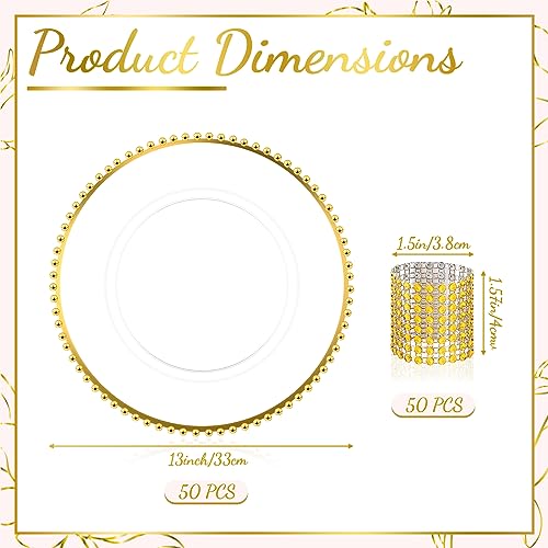 Uiifan 50 Set (100 Pcs) Clear Gold Charger Plates and Napkin Rings Set Including 13 Inch Plastic Beaded Rim Charger Plates Napkin Rings for Wedding Party Dinner Table Events Decoration - Image 3