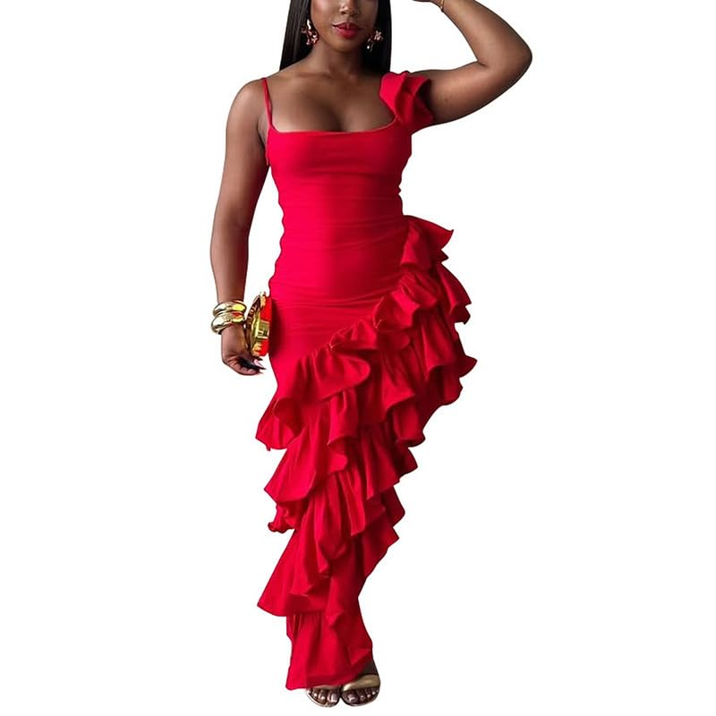 VJJ AIDEAR Women's Ruched Bodycon Midi Dress with Fringe Ruffles2