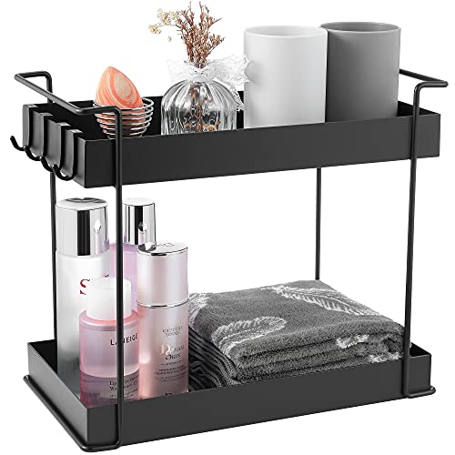 YURONG 2 -Tier Kitchen Spice Rack, Cosmetic and Makeup Storage Counter Organizer, Bathroom Countertop Standing Shelf, Vanity Tray, Serving Tray, Black