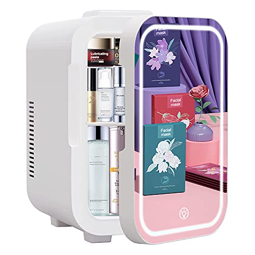 Mirror door mini fridge 8L, portable beauty fridge, AC/DC portable skincare fridge constant temperature, LED stepless dimming, suitable for indoor skin care, travel and cars (white, 8L)