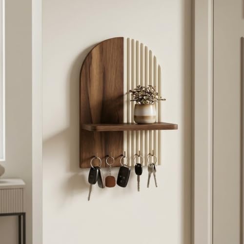 Image of Home Sparkle Wall Mounted Key Holder for Home Entrance with Shelf | Premium MDF Wood Organizer with Paint Finish | Modern 5 Hooks for Keys Small Planter & Decorative Essentials | Walnut & Ivory White