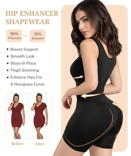 Image of Women's Shapewear with Removable Hip Pads Tummy Control Padded Shapewear Hip Enhancer Butt Lifter Black Bodysuit