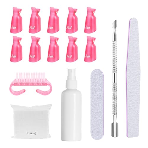 Nail Polish Gel Remover Tools Kit Nail Remover Kit with Spray Bottle Brush,100pcs Cotton Pads Diamond-shaped Nail File Cuticle Nail Brush Pusher Clip Manicure Tools for Effortless Nail Removal DIY