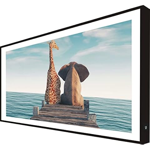 Picture with Black Lacquered Wood Frame Illuminated with Giraffe Leds Next to Elephant Cover