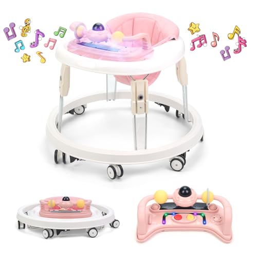 Baby Walker Foldable Multi-Function Anti-Rollover Walker with Music Tray & Light 7 Level Height Adjustable Baby Walkers for 1 Year Olds Suitable for All Terrains (Pink)