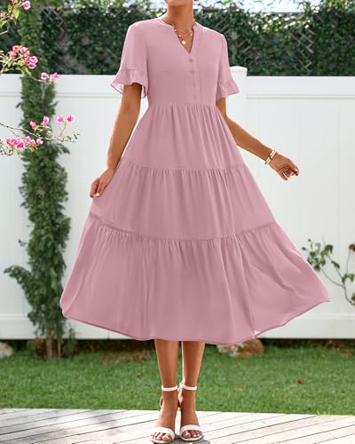 Image of BTFBM Summer Dresses for Women 2025 Vacation V Neck Loose Short Sleeve A Line Tiered Flowy Casual Midi Beach Dress