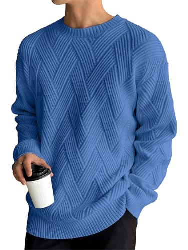 HOTake Men's Crewneck Sweaters Casual Textured Pullover Sweaters with Diagonal Jacquard Pattern