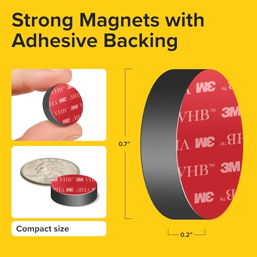 Image of Strong Ceramic Round Small Magnets with Adhesive Backing (0.7x0.2 /18x5mm, 20 pcs) - Heavy Duty Sticky Magnets, Non-Corrosive, Versatile for Home, Office, Workshop, Whiteboard, Fridge and Hobby Use