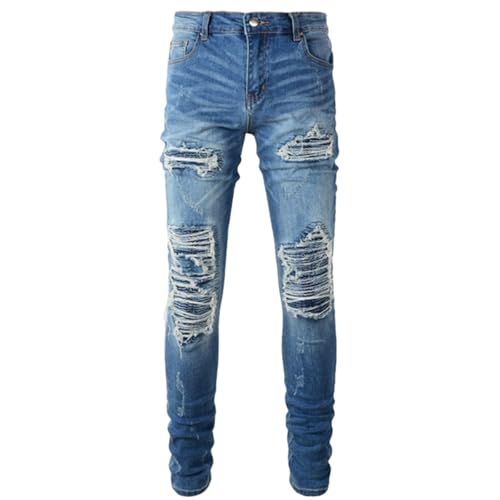 Jeans Pants Trouser Denim Street Trendy Wear Hole Patch Water Washed Blue Grinding Fading Elastic Slimming Edge Casual Small Foot for Men(Light Blue,33)