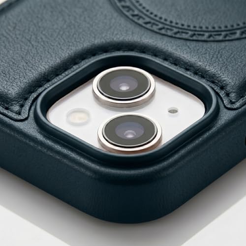 Image of amazon basics Premium PU Leather Case for iPhone 14, MagSafe Compatible Magnetic Ring, Sleek Protective Back Cover - [Blue]