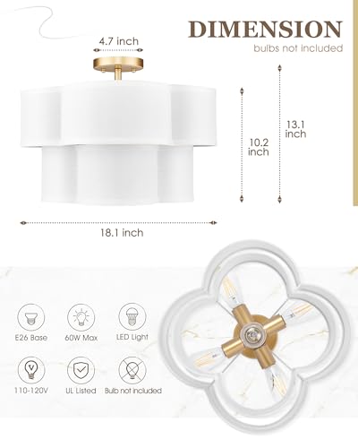 Image of Gold Semi Flush Mount Ceiling Light, 5-Light 18 inch Ceiling Light Fixtures with Double Fabric Drum Shade in Quatrefoil Shape, Light Fixtures Ceiling Mount for Nursery Bedroom, AD-22007-5SF-GD