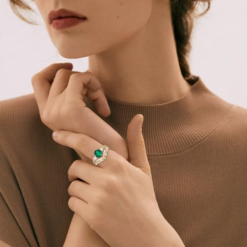 10K 14K 18K Solid Gold 1.5CT Round Shape Gemstone Engagement Ring Set for Women Birthstone Ring with Opal Vintage Bridal Wedding Rings Set Anniversary Christmas Gift Size 4-154