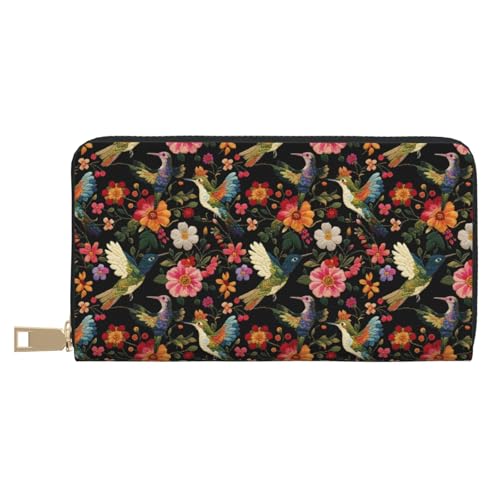 Colorful Hummingbird Flowers Print Wallet Women Men, Long PU Leather Wallets for Women, Cute Womens Travel Wallet Purse Pouch with Zipper Pocket - Main Image