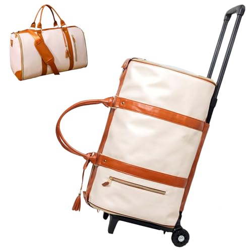 Rolling Garment Bag for Travel, Large Convertible Duffel Bag with Wheels – Foldable PU Leather Carry-On Luggage, Wrinkle-Free Hanging Compartment, Travle Jenni Bags for Women Men (Beige)