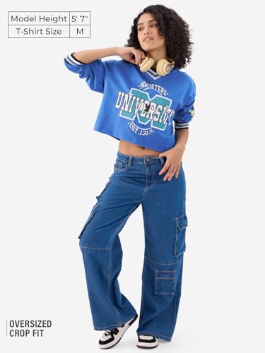 Image of The Souled Store Official Pixar: Monster University Women and Girls Long Sleeve V Neck Blue Graphic Printed Cotton Oversized Cropped T-Shirts