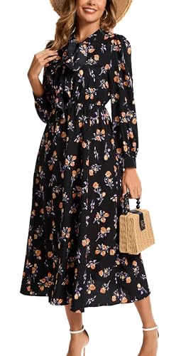 Kormei Women V Neck Tie Long Sleeve Boho Floral Fall Dress Wedding Guest Casual Maxi Long Cocktail Dress3