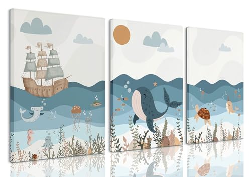 Image of LYPHNX Framed Blue Ocean Nautical Nursery Canvas Wall Art Sea Turtle Whale Animal Painting Picture Set of 3 Kids Prints Poster Wall Decor for Baby Boys Girl Children's Room Bedroom Bathroom 16"x24"
