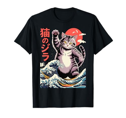 Japanese Cat Art Monster Wave Funny Cat For Men Women Kids Camiseta