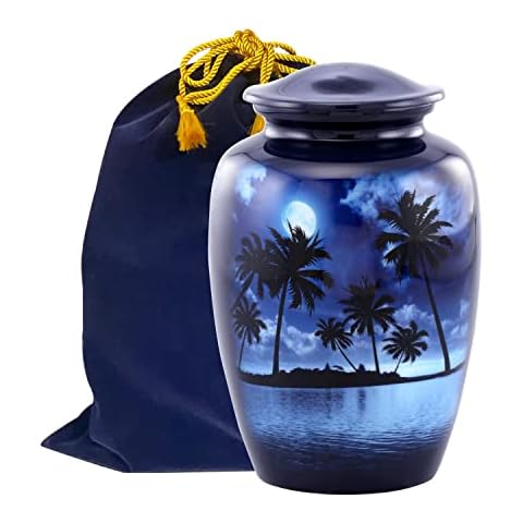 Midnight Beach Cremation Urn for Ashes | Cremation Urn for Human Ashes for Women & Men - Decorative Funeral Urn for Ashes | Hand-Painted Palm Trees & Moon Memorial Urn for Adults Cover