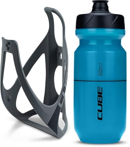 Cube HPP Cage - Matt Grey/Black & Flow Bottle - Turquoise, 500ml / Water Drink Flask Vessel Bidon Holder Mount Bracket Kit Lightweight Plastic Drinking Hydration Biking Bike Riding Frame Accessories