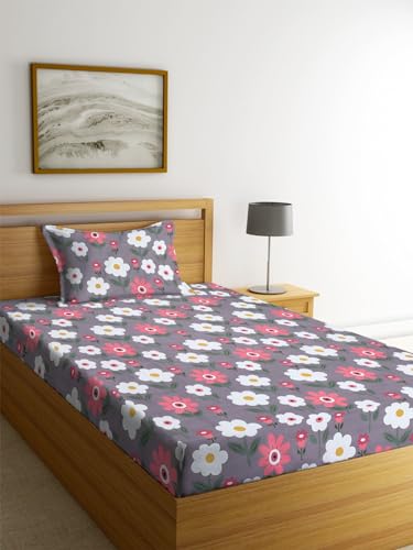 Image of NHD HOME Premium Glace Cotton 180 TC Flat Single Bedsheets for Summer Breathable | Wrinklefree (Size-60 X 90 Inch) with 1 Pillow Covers (Size-17 X 27 Inches, Grey and White)