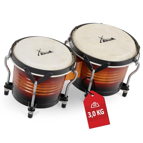 XDrum Bongos Pro Vintage Sunburst - 2 Trommeln mit 6 5 (17 cm) und 7 5 (20 cm) Durchmesser - Bongotrommeln mit stimmbaren Naturfellen und Stimmschlüssel - Holztrommeln Rotbraun