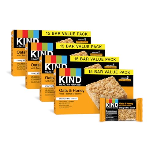 KIND Healthy Grains Bars, Oats & Honey with Toasted Coconut, 1.2 Ounce, 60 Count, Gluten Free