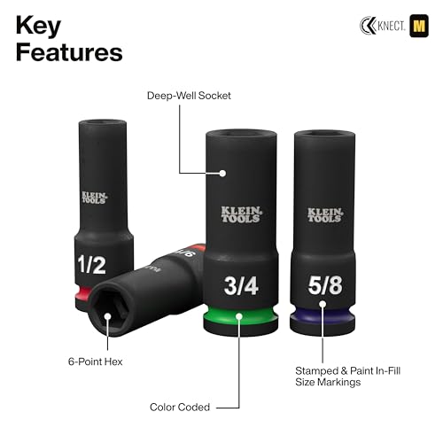 Image of Klein Tools 65123HD KNECT Deep-Well Impact Socket Set, 1 /2-Inch Drive, SAE and Metric, 28-Piece Tool Set, 1 /4-Inch Impact Driver, Wrench Extensions, Color-Coded, Removable Socket Organizer