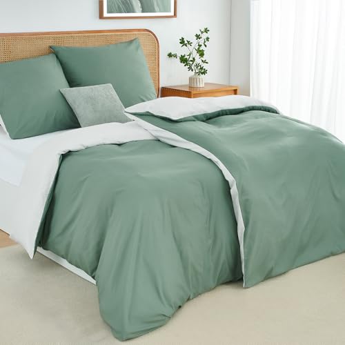 Duvetnova Bettwäsche 135x200 4teilig Salbeigrün/Weiß Bettwäsche Sets Microfaser ÖKO-TEX Wendebettwäsche 135 x 200 4tlg, weich & bügelfrei 2...
