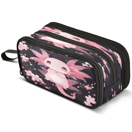 Image of ALAZA Cute Axolotl Cherry Blossom Large Pencil Case, Pen Pouch Pencil Bag with 3 Compartments Pen Holder Organizer Stationery Bag