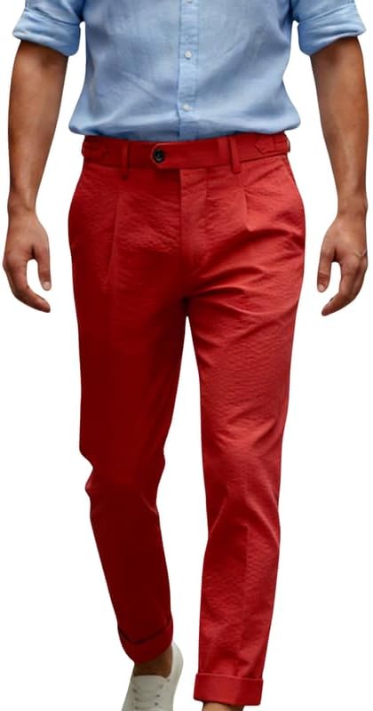 Men’s Dress Pants Lightweight Seersucker Pleated Slacks with Side Adjusters Waist Summer Beach Long Pants