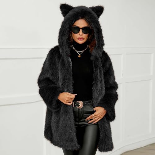 Cute Cat Ear Hoodies for Women Faux Fur Coat Fuzzy Fleece Hooded Jacket Open Front Cardigan Trendy Winter Jacket3