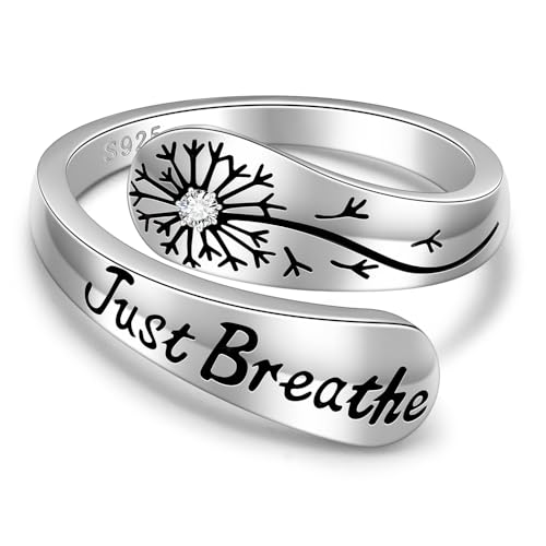 Just Breathe Rings for Women Hope Ring Adjustable Spoon 925 Sterling Silver Dandelion Inspirational Encouragement Mothers Day Gifts Size 7