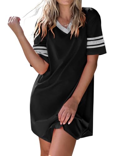 Ekouaer Nightgowns for Women Cotton Night Gown Short Sleeve Sleepwear V Neck Color Block Sleep Shirts Ladies Night Shirts Black XXL